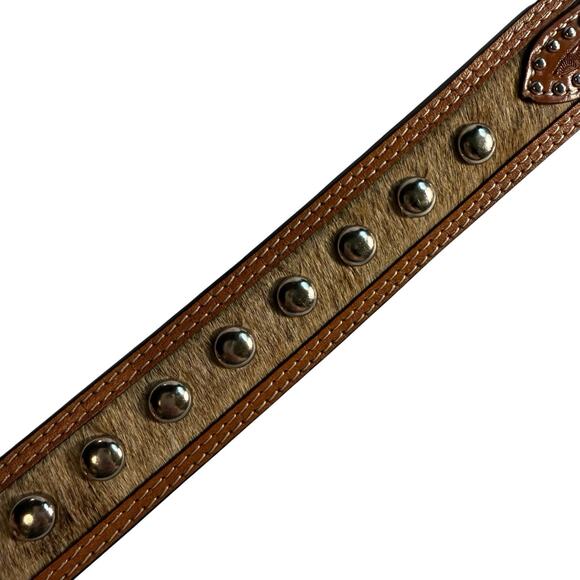 Ranger Belt Co Basket Weave Hair On Hide Studded Brown Leather Belt No Buckle 32 main image 9
